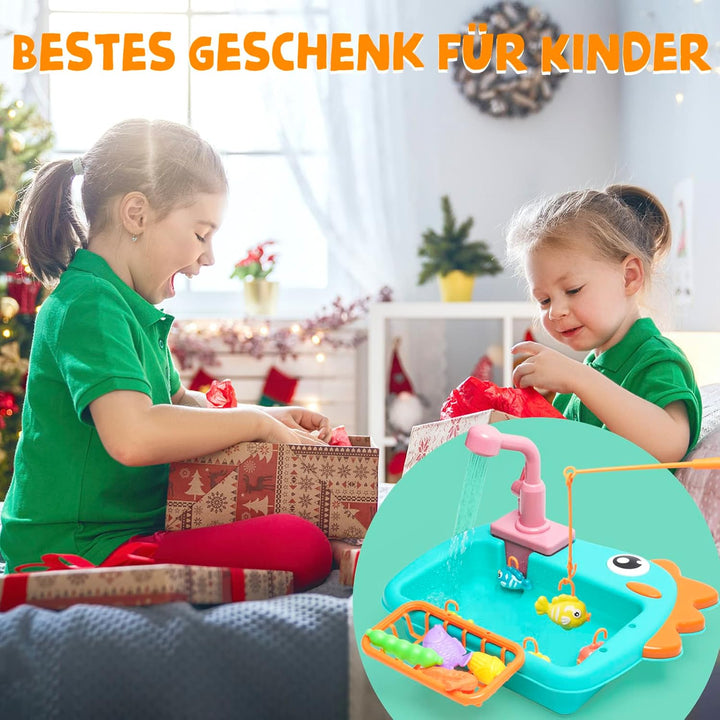 Küchenspüle Spielzeug Set mit Angelspiel Warmwasserhahn Farbwechsel Geschirr| Play Kochherd, Kochges