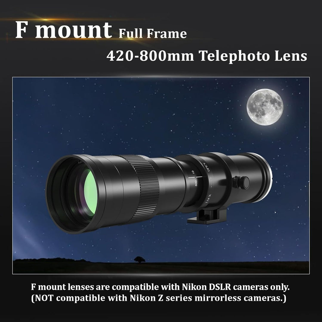Teleobjektiv 420-800mm, F Objektiv für Nikon DSLR, Manueller Fokus MF Zoom Objektiv für Nikon D3500