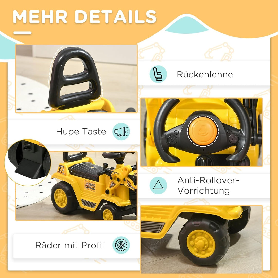 HOMCOM Sitzbagger mit eingebautem Ablagefach Kinder Rutschauto Traktor Kinderbagger mit Hupe Rutsche