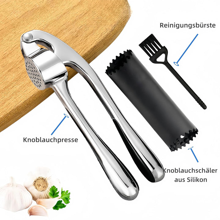 Knoblauchpresse mit Knoblauchschäler und Silikonbürste Effizientes Werkzeug zur Knoblauchpaste Knobl