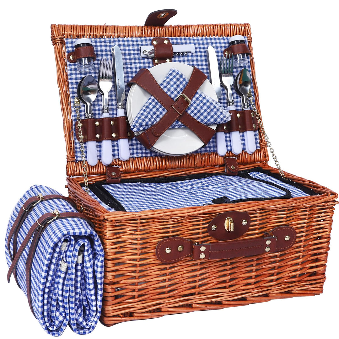 Picknickkorb Set für 4 Person mit Kühlfach und wasserdichte Picknickdecke, Abnehmbarer Riemen, Beste