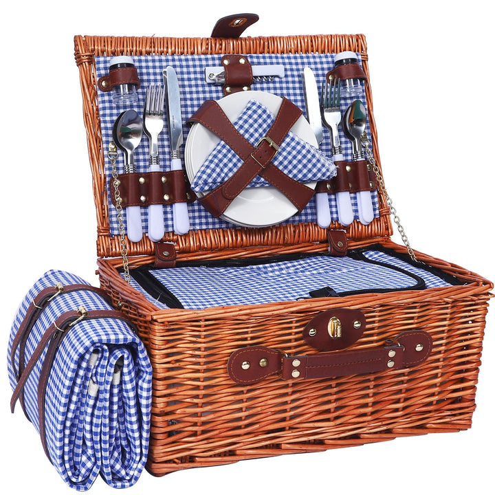 Picknickkorb Set für 4 Person mit Kühlfach und wasserdichte Picknickdecke, Abnehmbarer Riemen, Beste
