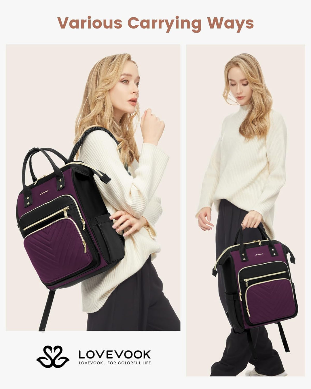 LOVEVOOK Rucksack Damen, 15,6 Zoll Wasserdicht Laptop Schulrucksack mit Laptopfach, Reiserucksack Ta