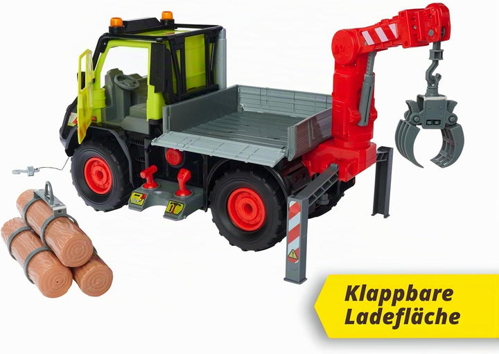Dickie Toys - Unimog Holztransporter - mit elektrischer Seilwinde und Kranarm mit Joystick-Steuerung