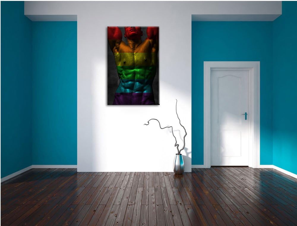Pixxprint Sixpack Body Mann Regenbogen Format: 100x70 auf Leinwand, 100x70