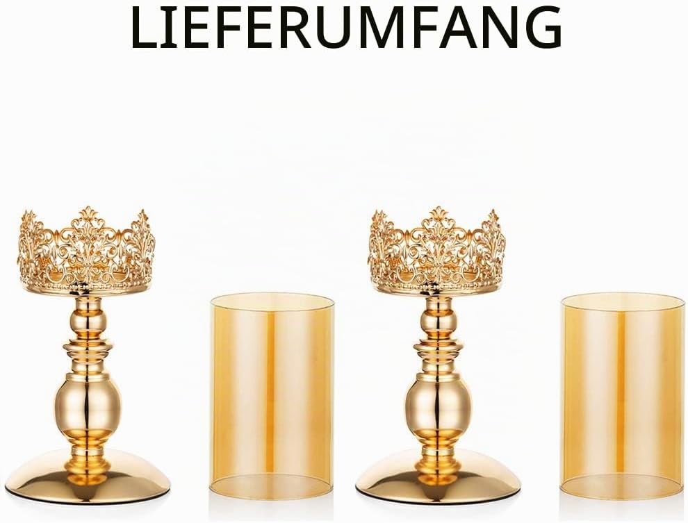 NUPTIO Säulenkerzenhalter mit Glas, 2er Set Hurricane-Kerzenhalter aus Gold Moderne Wohnkultur Gesch