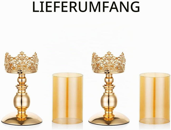 NUPTIO Säulenkerzenhalter mit Glas, 2er Set Hurricane-Kerzenhalter aus Gold Moderne Wohnkultur Gesch