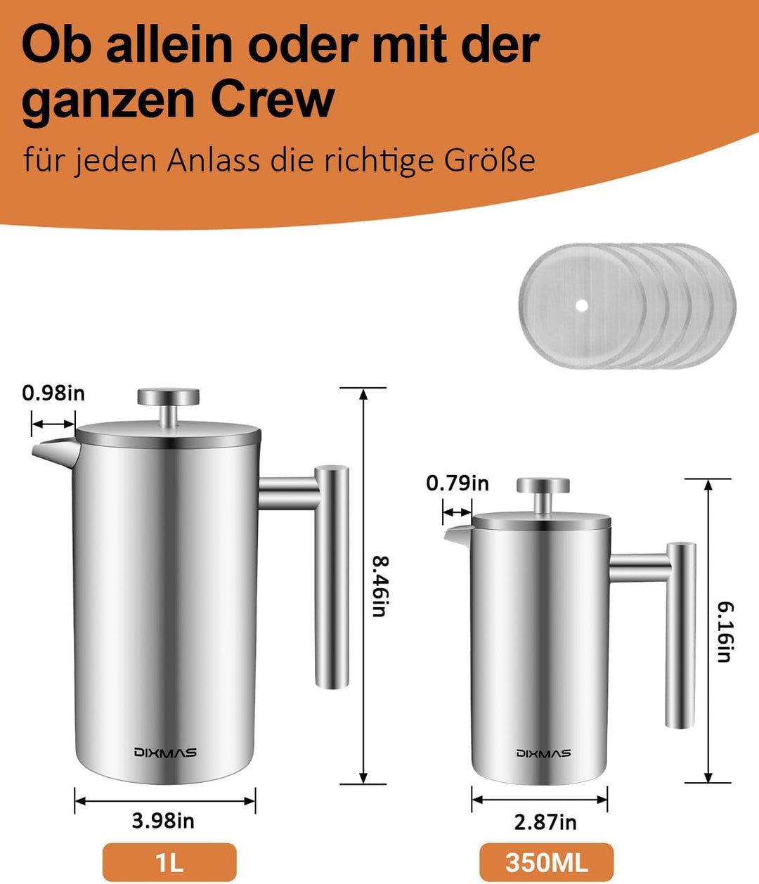 French Press Kaffeebereiter Edelstahl 350 ml/2Tassen, French Press Thermo, doppelwandig isoliert - 0