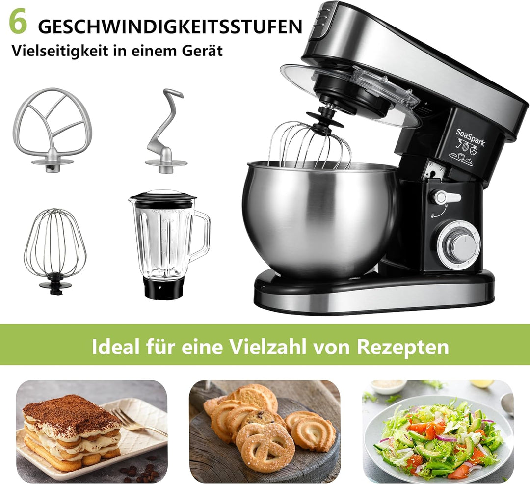 Küchenmaschine, 6 L Knetmaschine 1200W, 6 Geschwindigkeits Küchenmaschine, Teigmaschine mit Rührhake