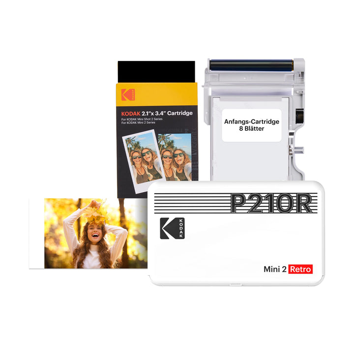 KODAK Mini 2 Retro 4PASS Mobiler Fotodrucker (5,3x8,6cm)- Paket met 68 Blatts, Weiss Drucker + 68 Bl