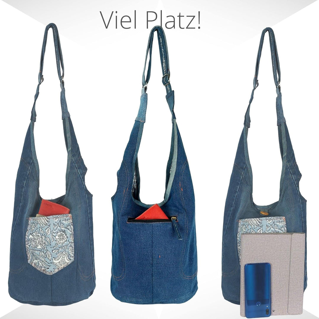 Sunsa Damen nachhaltige Hobo Tasche. Umhängetasche aus recycelte Jeans & Baumwolle. Boho blumig Cros