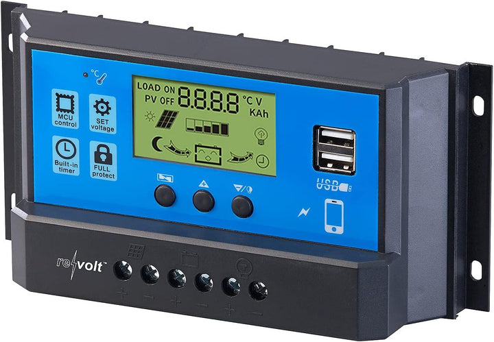 revolt Laderegler 12V: Solar-Laderegler für 12/24-V-Akkus, PWM-Lademodus, 2 USB-Ports, 40 A (Solar C