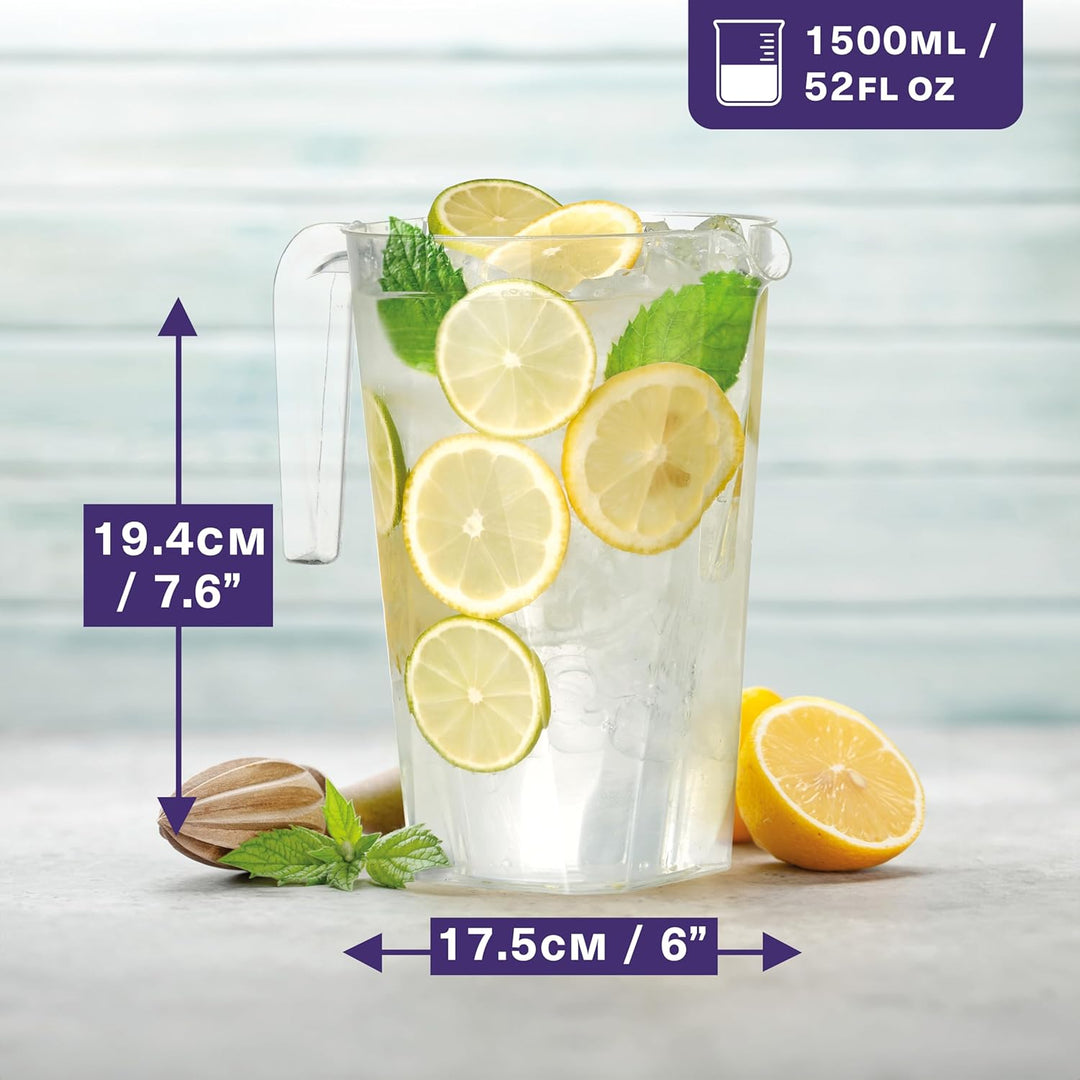 MATANA 12 Krug, Kunststoff (Durchsichtig, 1,5L) - Wasserkrug, Cocktail-Krug, Saftkanne, Wasserkanne,