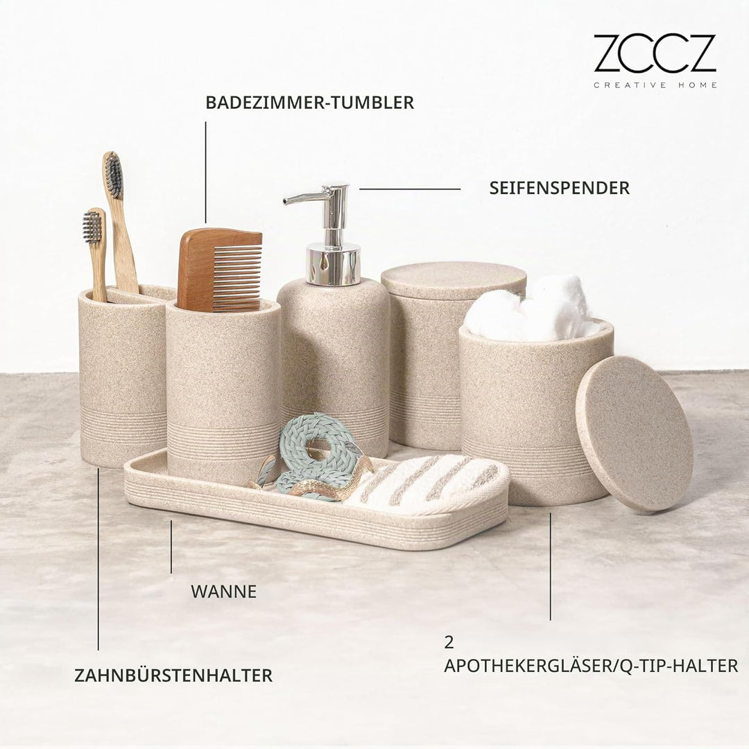 ZCCZ Badezimmer Set – 6 Teile – Badezimmer Organizer mit Zahnbürstenhalter, Seifenspender, Seifensch