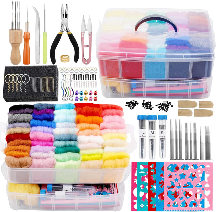 Ruasol Nadelfilz-Set, komplettes Nadelfilz-Werkzeug und Zubehör mit Filzwolle 50 Farben, Nadelfilz-S