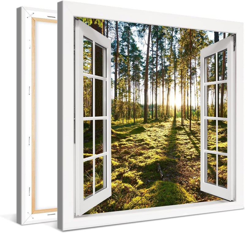 PICANOVA – Leinwandbild Sonnenaufgang im Kiefernwald Fenster 80x80cm – Premium Leinwanddruck – Wandb