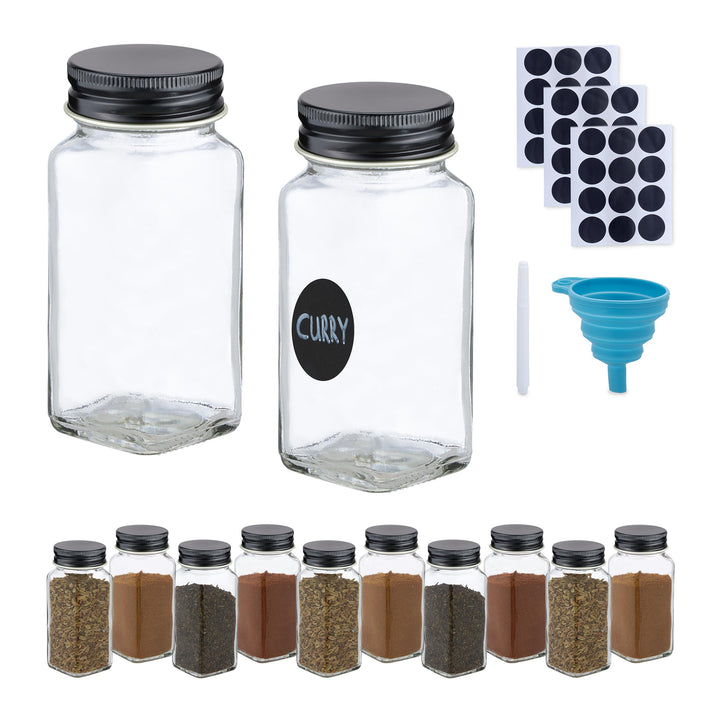 Relaxdays Gewürzgläser 12er Set, Streueinsatz, Gewürzdosen Glas, 120 ml, mit Etiketten &amp; Trichter, t