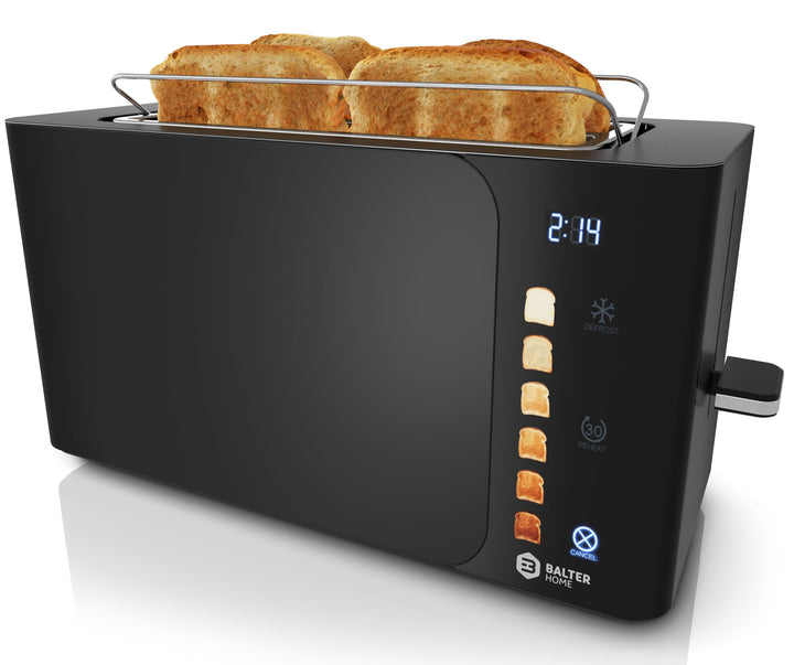 Balter Toaster 4 Scheiben Touch Bedienung, Langschlitz, Edelstahl, Brötchenaufsatz, LCD Display Rest