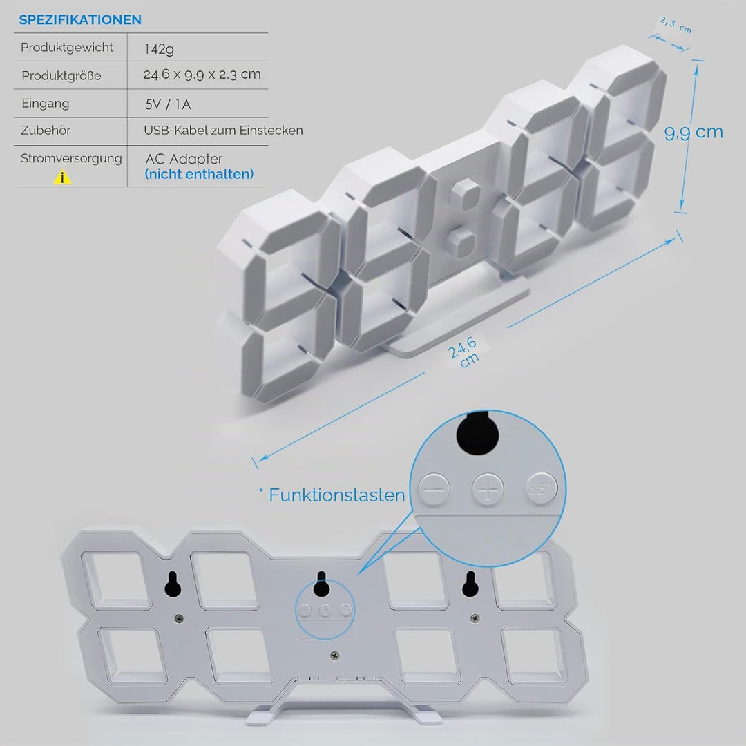 KOSUMOSU Digitaluhr 3D LED Wanduhr 9.7 Zoll, Tischuhr Grosses Display Digitale Wanduhr Schreibtischu