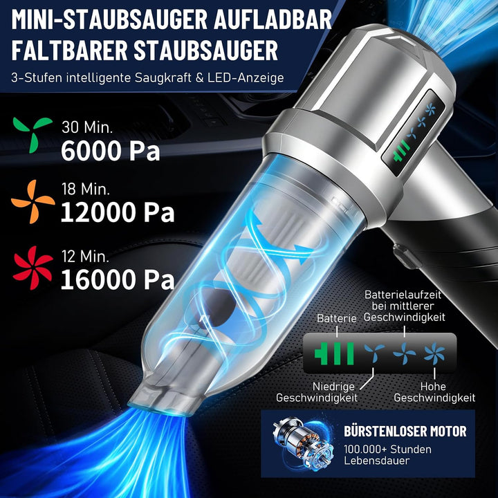 Kabelloser Handstaubsauger 16000Pa, 4-in-1 Akku Auto Staubsauger mit 6000mAh, Faltbarer Mini Staubsa