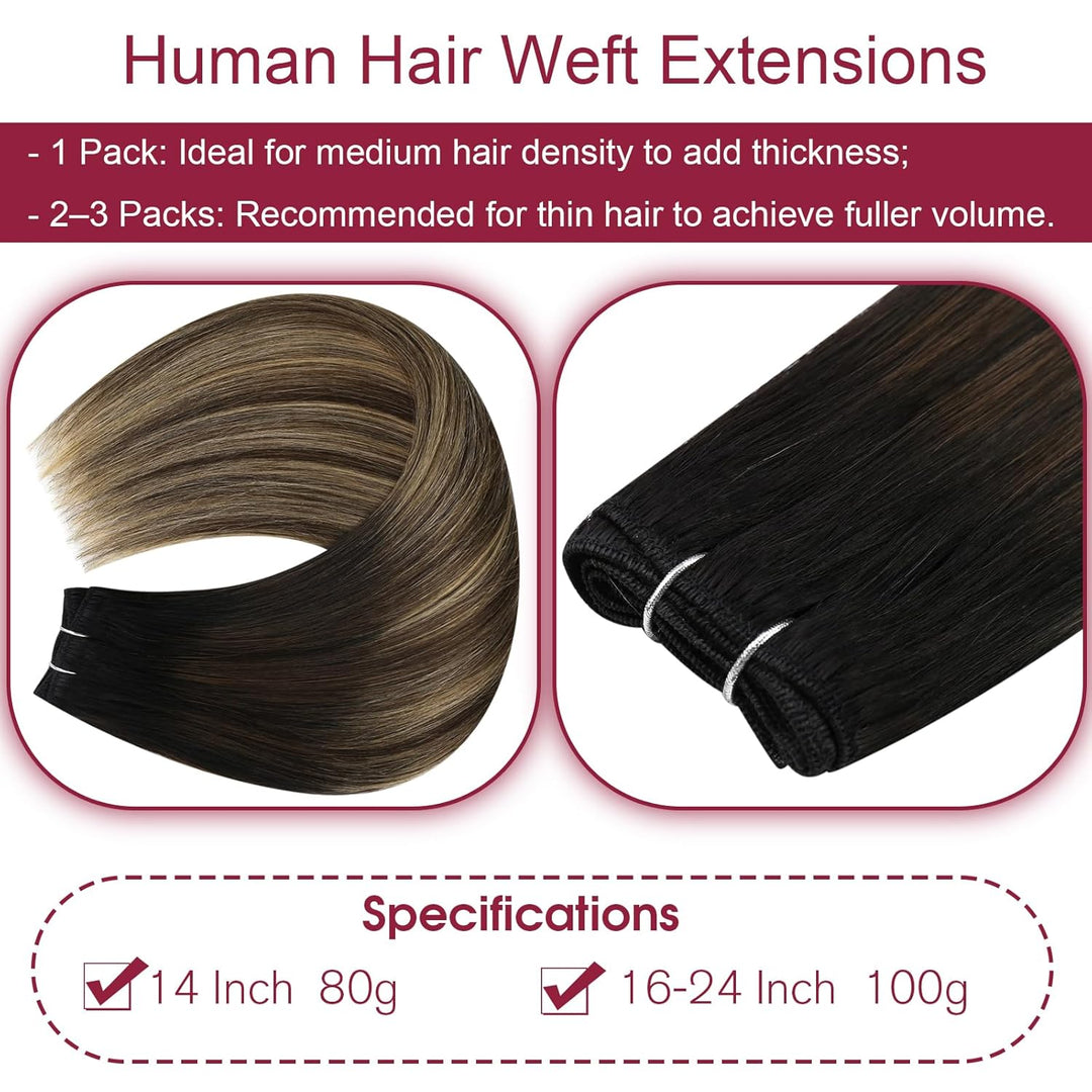 Vivien Echthaar Tressen zum Einnähen Schwarz Balayage 35 cm Extensions Echthaar Tressen Natürlich Sc