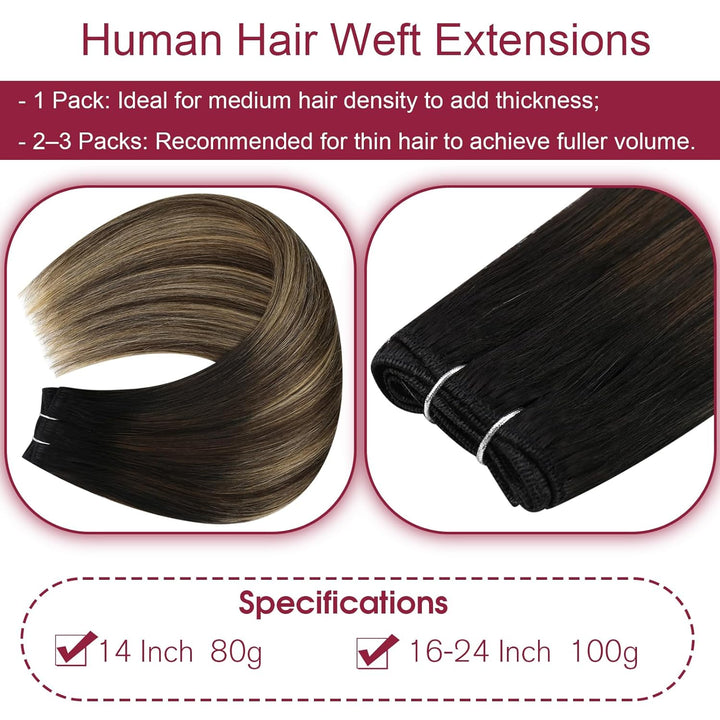 Vivien Echthaar Tressen zum Einnähen Schwarz Balayage 35 cm Extensions Echthaar Tressen Natürlich Sc