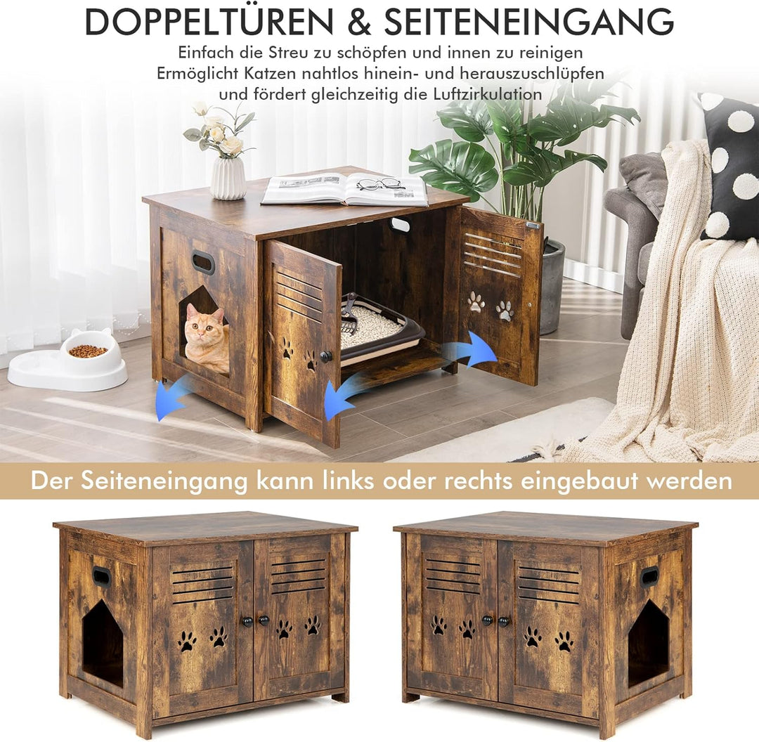 GOPLUS Katzenschrank, Katzentoilette mit seitlichem Eingang, 2 Türen, 2 in 1 Katzenhaus und Couchtis