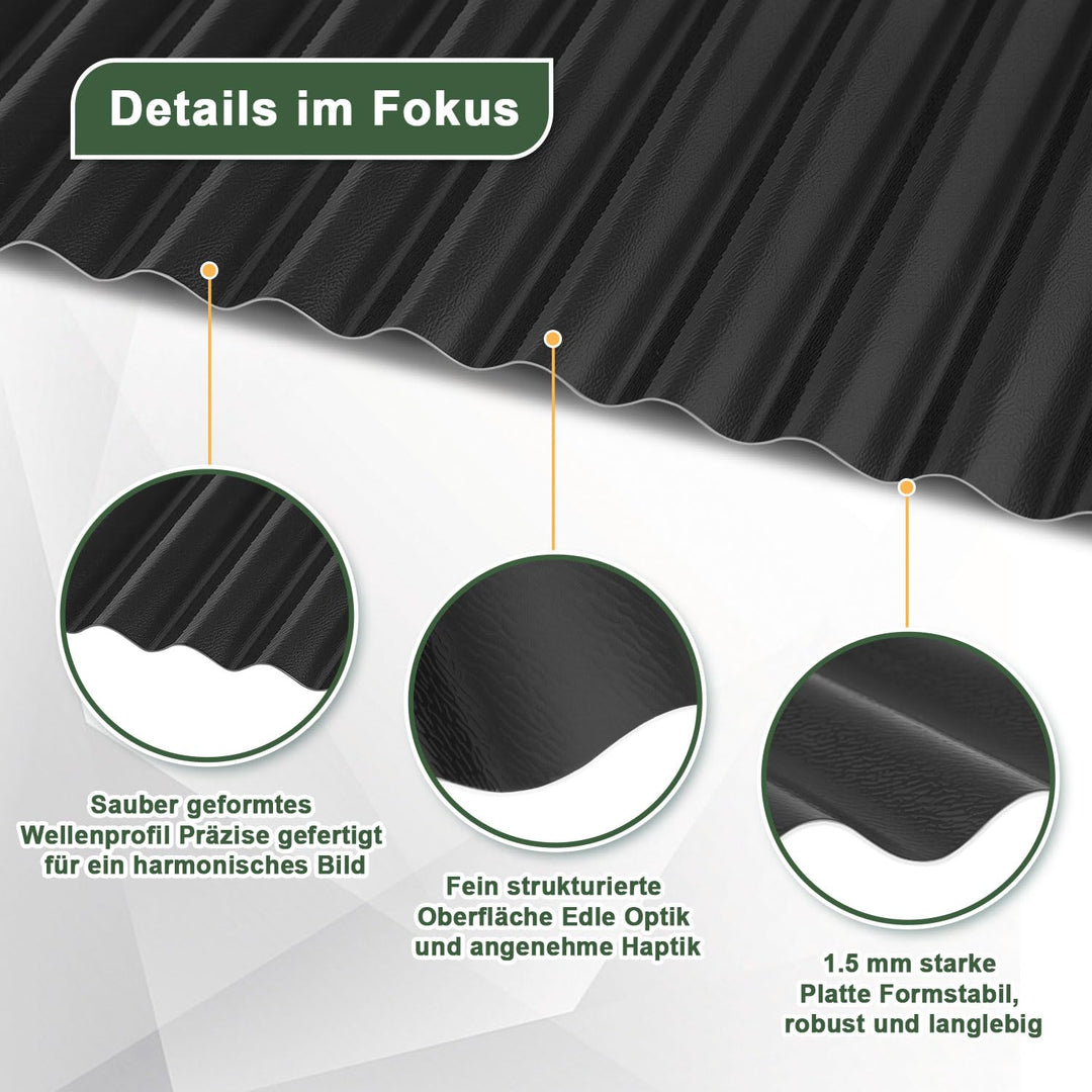 24x Wellplatten für Dach,117x93cm=26,11m²,1,5 mm ASA-PVC Schwarz | Wellblech Kunststoff, Rostfrei,UV