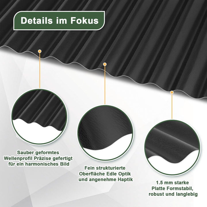 24x Wellplatten für Dach,117x93cm=26,11m²,1,5 mm ASA-PVC Schwarz | Wellblech Kunststoff, Rostfrei,UV