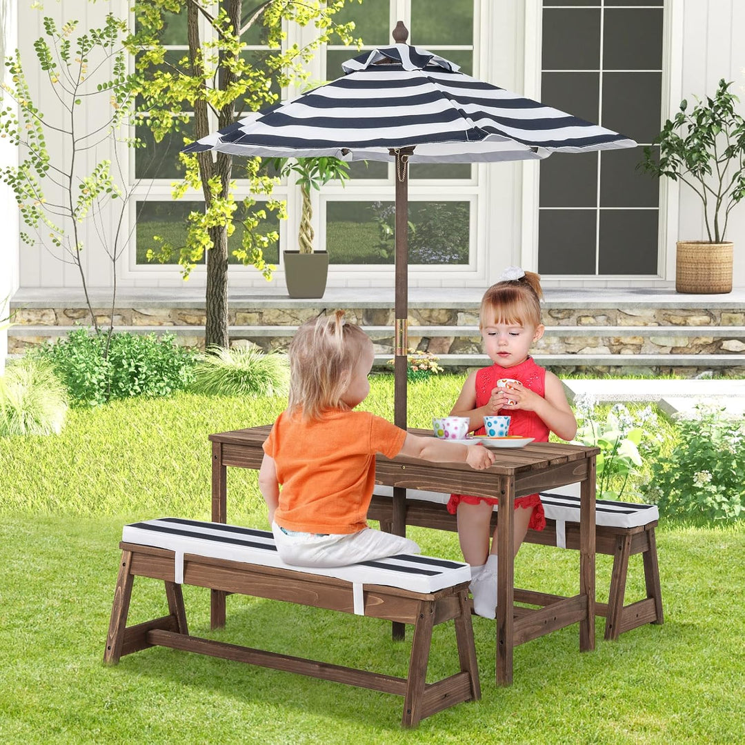 GOPLUS Kindermöbelset, Gartentischset mit 2 Bänken, 3-Fach Höhenverstellbarer Sonnenschirm, Tannenho