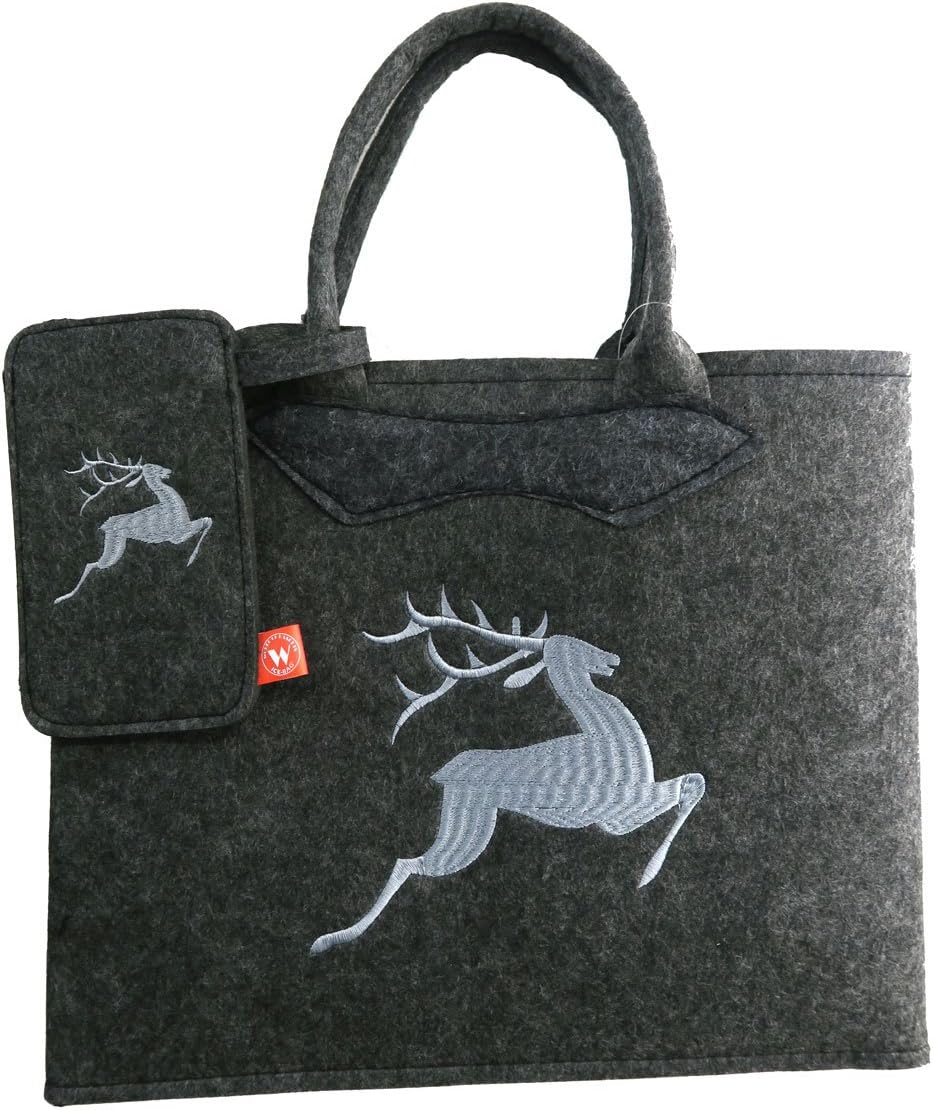 Witzgall Filztasche grau mit Hirsch und Handytasche 38x20x30 cm Trachtentasche
