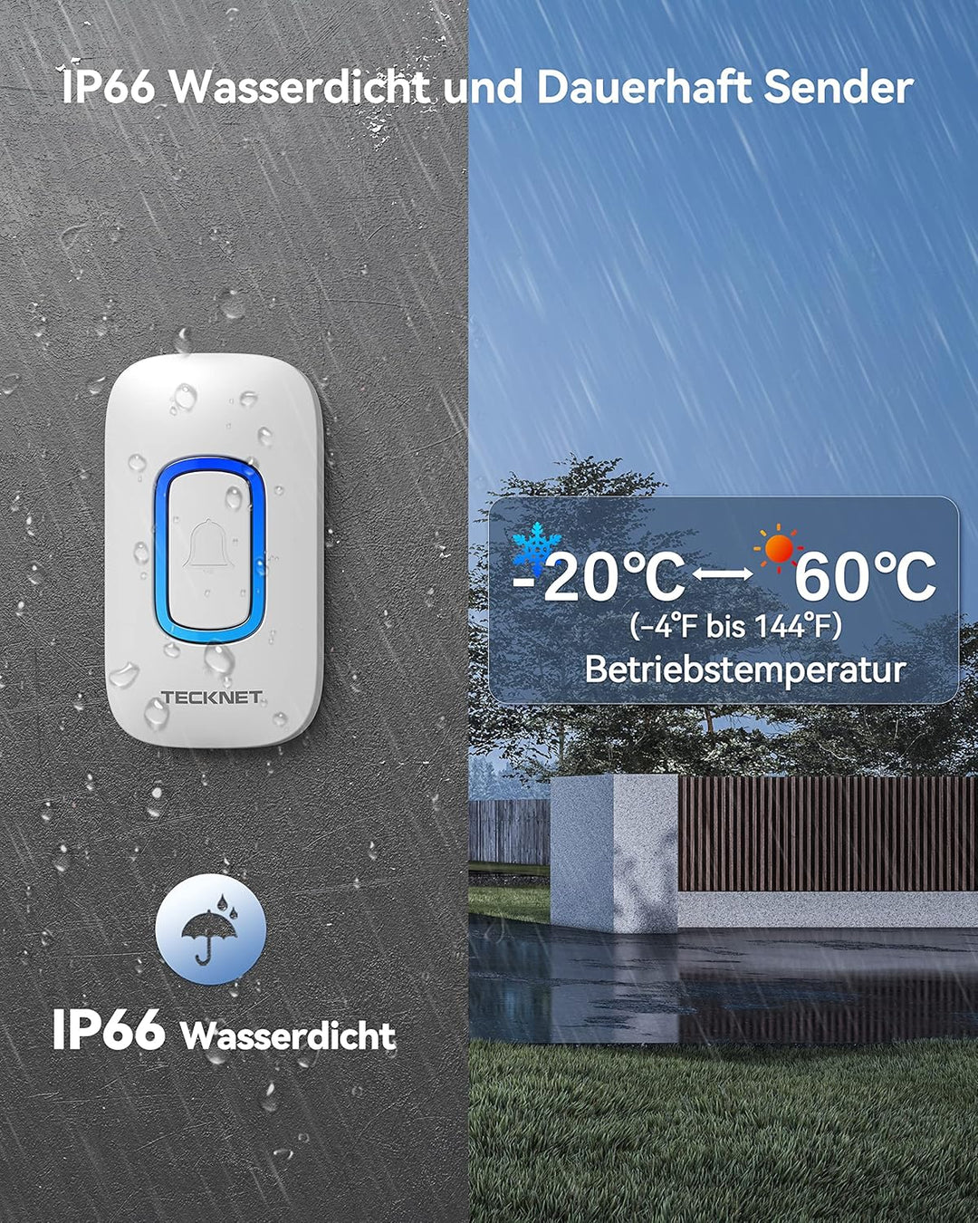 TECKNET Funkklingel, Kabellose Türklingel Batteriebetrieben mit RGB Licht, 60 Melodien, IP66 Wasserd