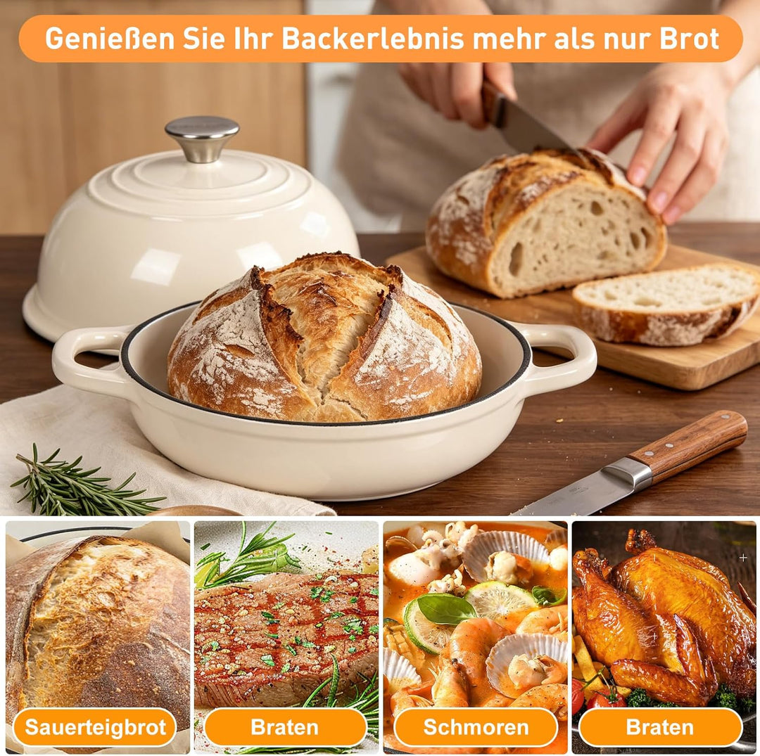 Gusseisen Brotbackform mit Deckel, 4,7L Gusseisen Topf Brot Backen, 23 cm Emaille Bräter mit Deckel,