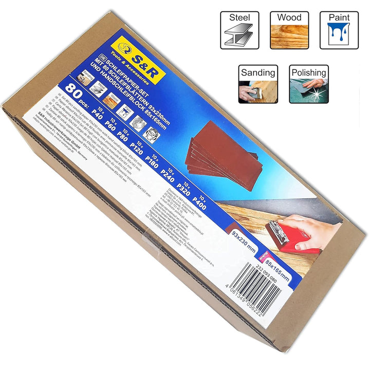 S&R 80-tlg. Schleifpapiersatz mit Handschleifer: Schleif-Papier und Schleif-Blätter für Metall, Holz