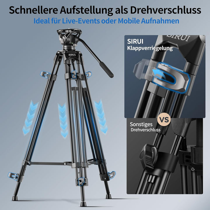 SIRUI AVT-11 Fluidkopf Video Stativ, Tripod 180cm mit Schnellverschlussplatte für Manfrotto, Robuste