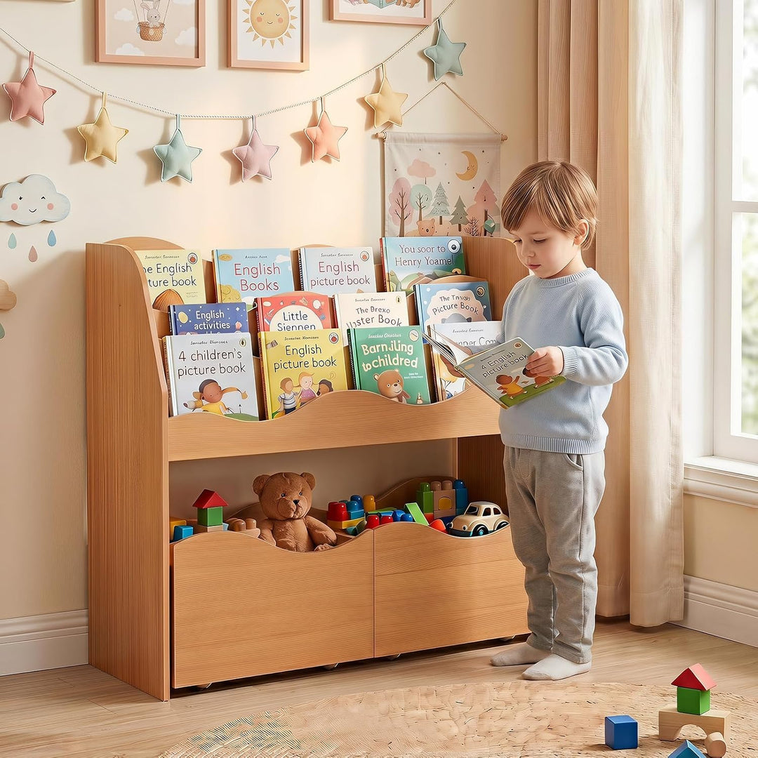 COSTWAY Kinderregal mit 2 Boxen auf Rollen (Natur) | Bücherregal Kinder mit 3 wellenförmigen Ebenen,