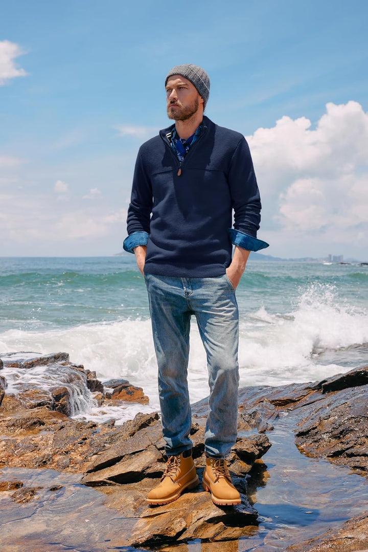 PaulJones Herren Half Zip Pullover Turtleneck mit V-Ausschnitt Langarm und Stehkragen S Dunkelblau,