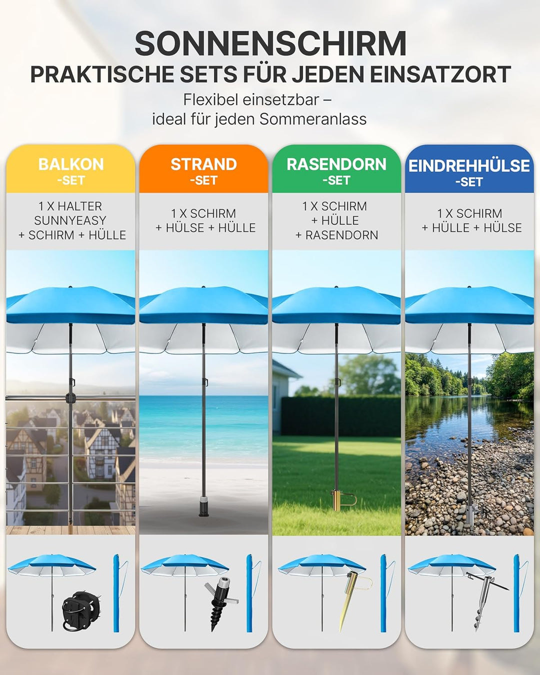 4smile Strandschirm SunnyJoy, Ø 200 cm Blau - UPF 50+ Sonnenschirm Strand mit Hülle, Sonnenschirm Ba