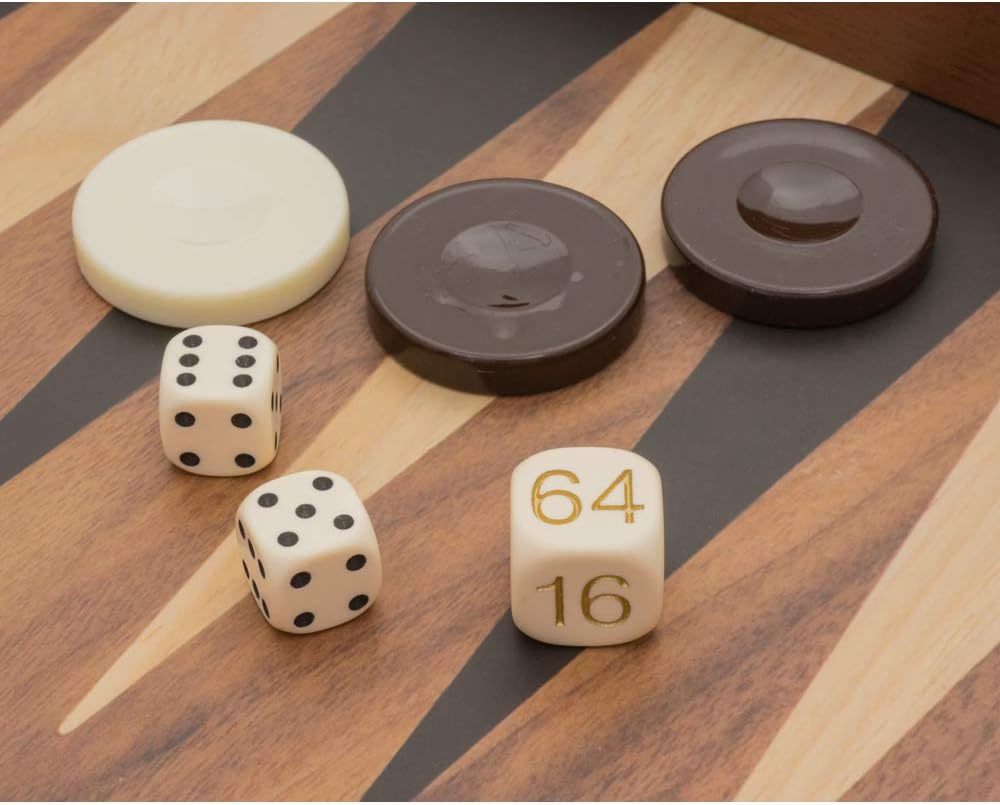 Manopoulos Backgammon-Set, Walnuss und Eiche, mit Philos-Deluxe-Bechern