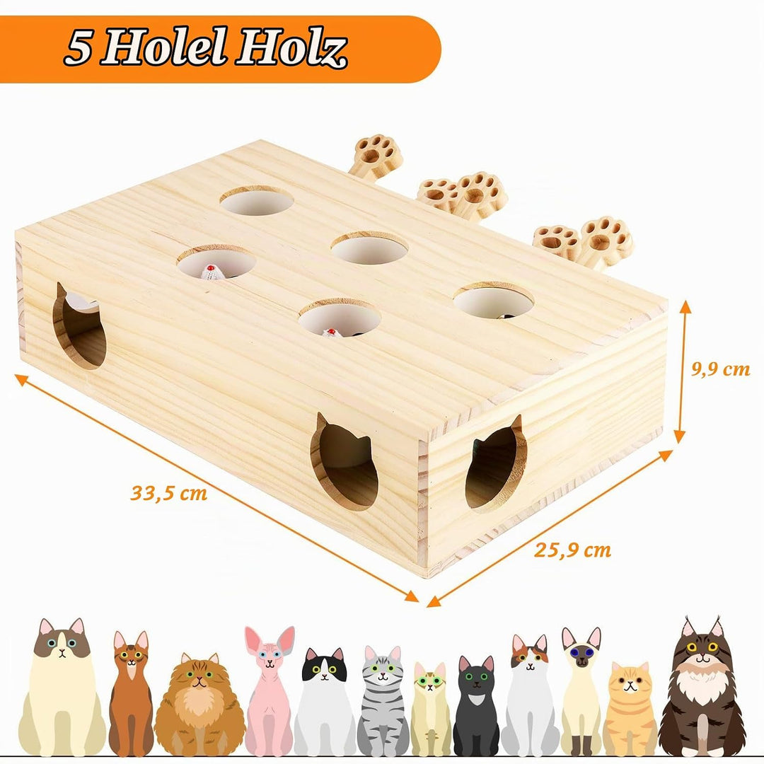 Interaktives Katzenspielzeug Holz Spielzeug, Maulwurf Maus, Puzzle Box mit Spielzeugen für Katzen, J