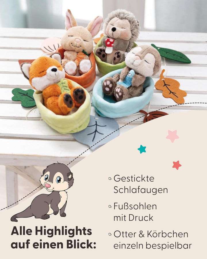 NICI Kuscheltier Otter mit Fisch 12cm schlafend im Körbchen - grau - Stofftier aus weichem Plüsch, n