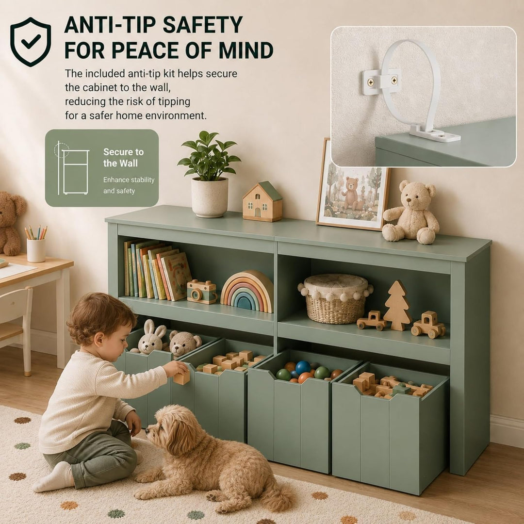 Spielzeugregal mit 4 herausnehmbaren Rollboxen, Kinderregal mit 2 offenen Fächern und Kippschutz, mu