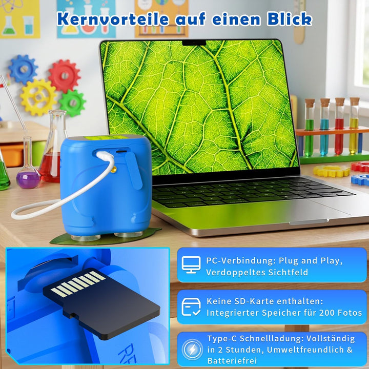 2 in 1 Mikroskop für Kinder und Fernglas Kinder, 2,0" IPS HD Mikroskop, 1000x Vergrösserung Teleskop