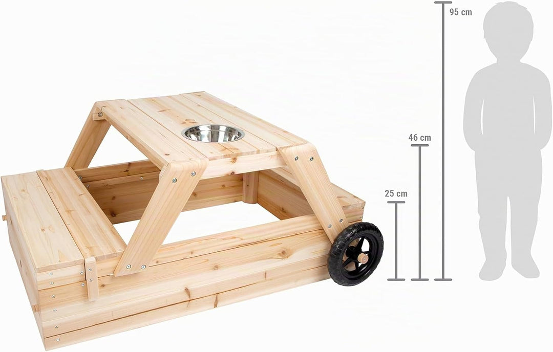 Small Foot Sandkasten mit Sitzgruppe und Matschtisch aus Holz, 3-in-1 Sandkiste zum Zusammenschieben
