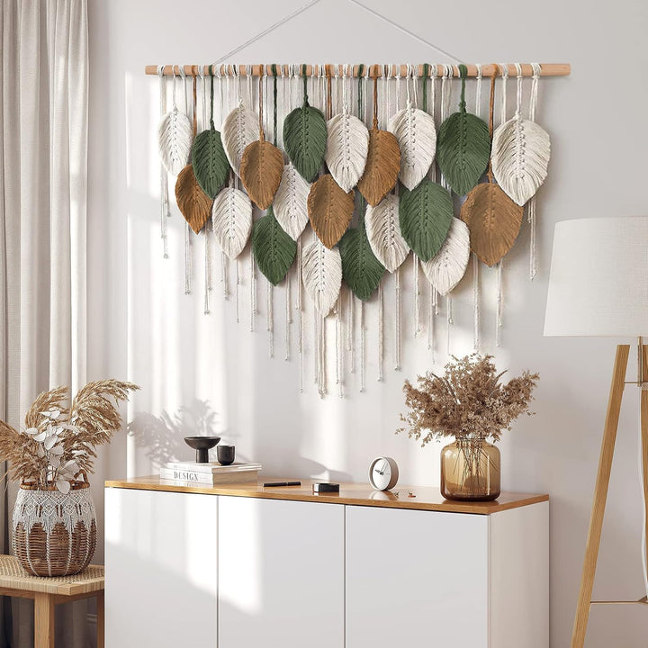 Weldomcor Grosser Wandbehang Wandteppich, Boho Makramee Gewebte Handgemachte Quaste Blatt Tapisserie
