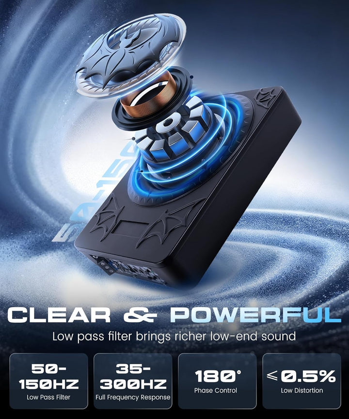 VECHTEL Ultra Flacher Auto Subwoofer 7cm Untersitz, Aktiver Subwoofer 1200W Spitzenleistung mit 360°
