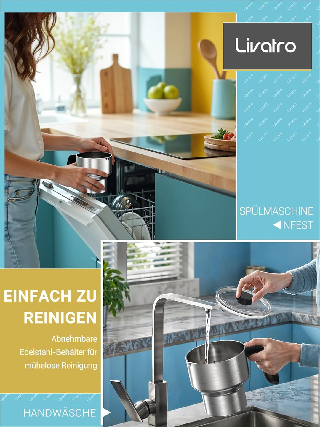 Milchaufschäumer Elektrisch Doppelbechern 600ml & 400ml, Milchaufschäumer Induktion ohne Anbrennen,