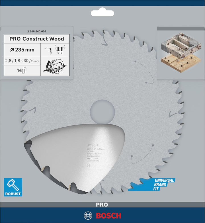 Bosch 1x PRO Construction Wood Kreissägeblatt für Netz-Handkreissägen (für Bauholz mit Mörtel und Nä