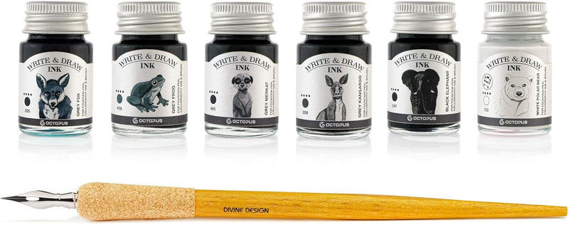 Octopus Write and Draw Ink Set Basic Grey, Schreib- und Zeichentusche, 6 x 10 ml mit Schreibfeder BA