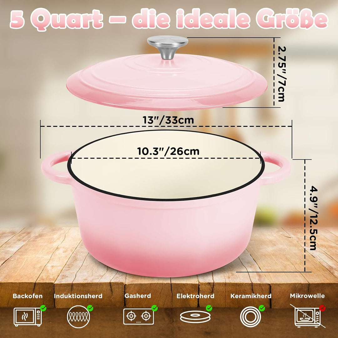 NZQXJXZ 26cm Gusseisen Topf Brot Backen 4,7L, Emaille Brotbackform mit Deckel &amp; Garkorb Komplettset,